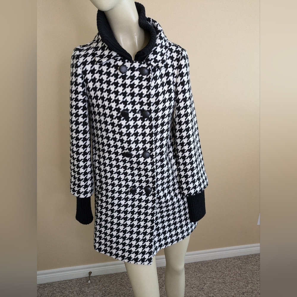 Alice + Olivia Wool Blend Pea Coat Black White Houndstooth Double Collar Small